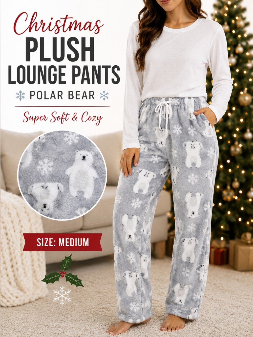 Women’s Polar Bear Christmas Plush‎ Pajama Lounge Pants Super Soft Size M
